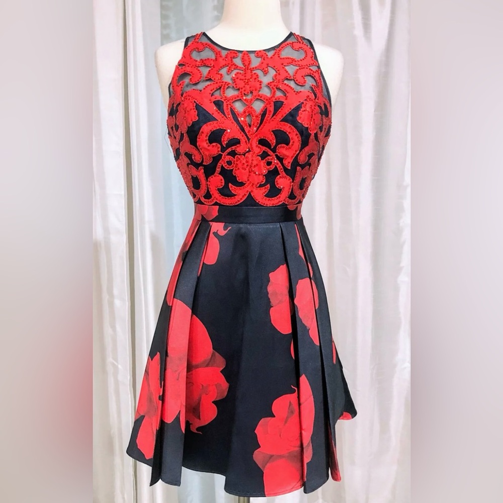 Glamour by Terani Couture Navy Blue and Red Rhinestone Homecoming Party Dress